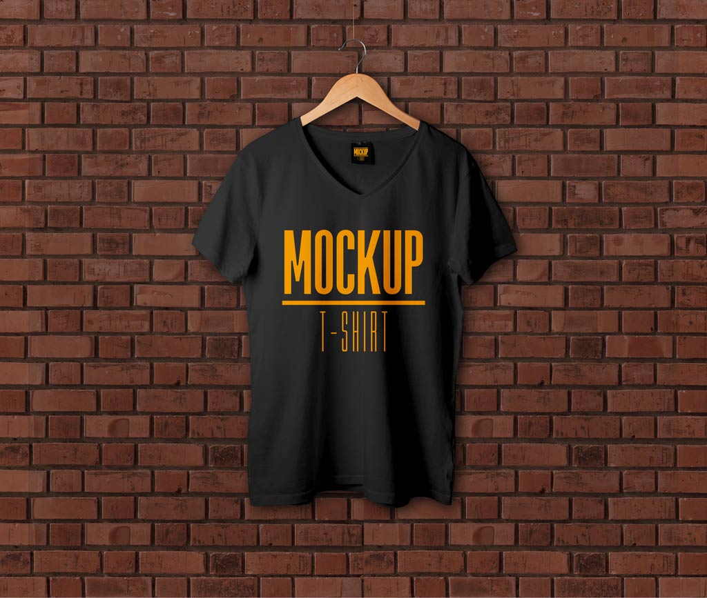 Black T-Shirt Mock Up Template V-neck t-shirt on a hanger mockup