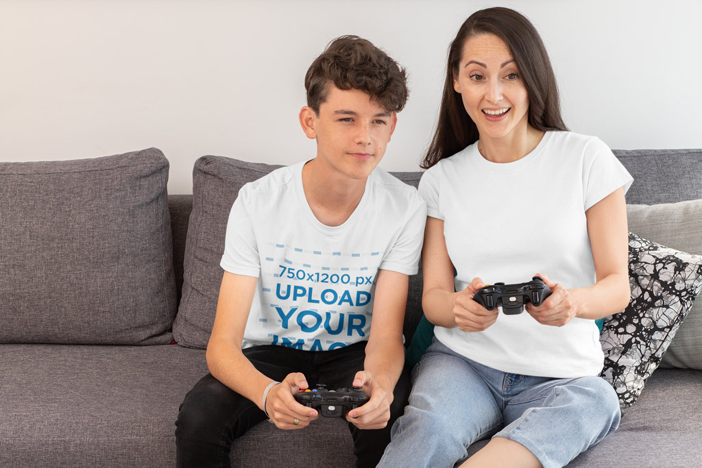 Download Gaming Kid and Mom wearing T-Shirts Mockup Generator ...